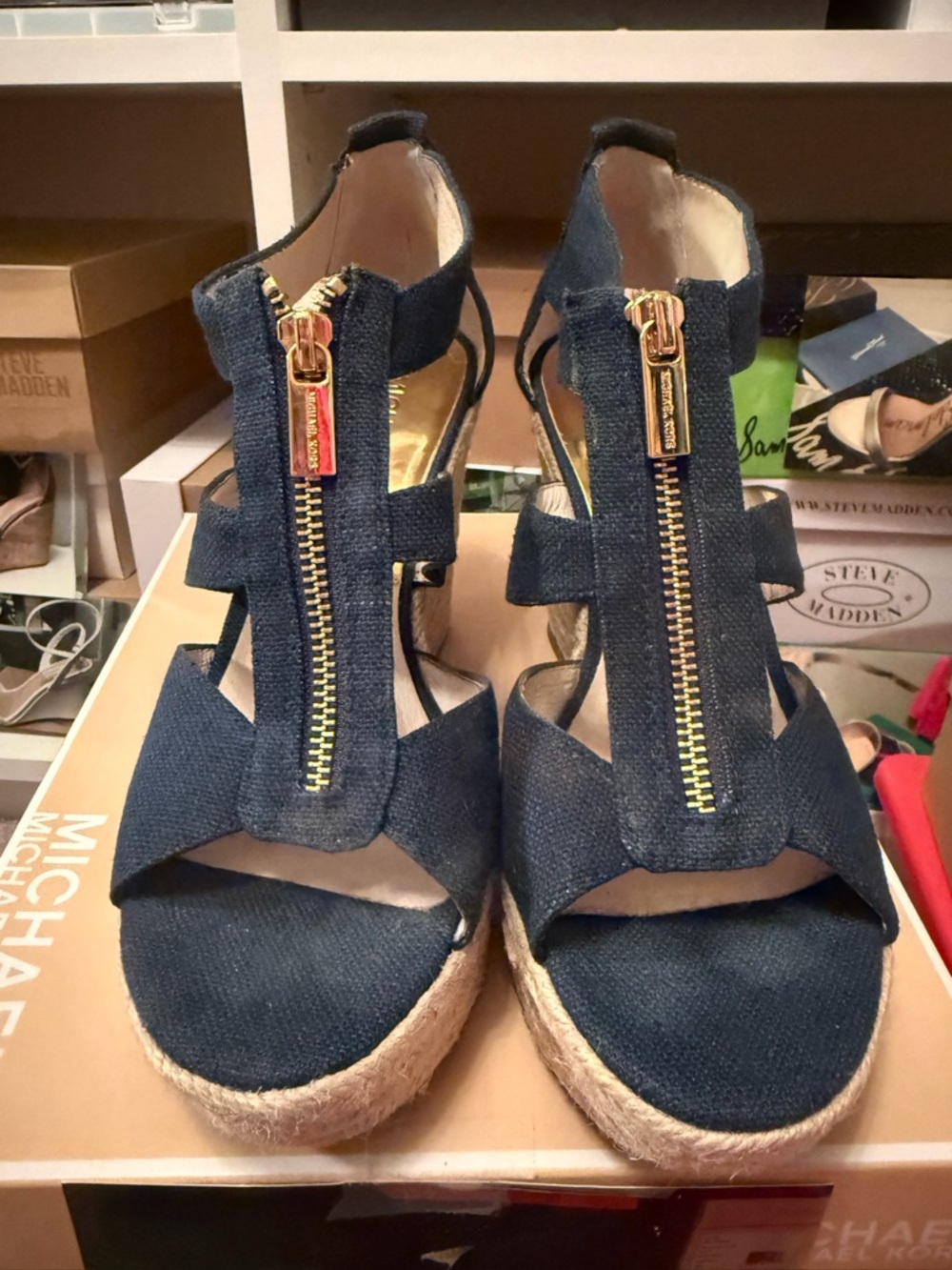 Michael Kors Denim Blue Espadrille Wedge Sandals with Gold Zipper